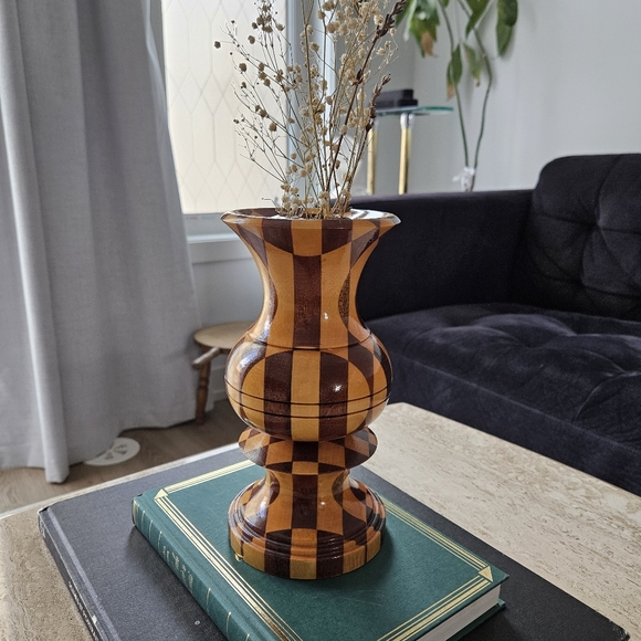 Vintage Segmented Multi Wood Mosaic Hand Turned Vase Two Tone Mid Century Modern - Picture 4 of 8